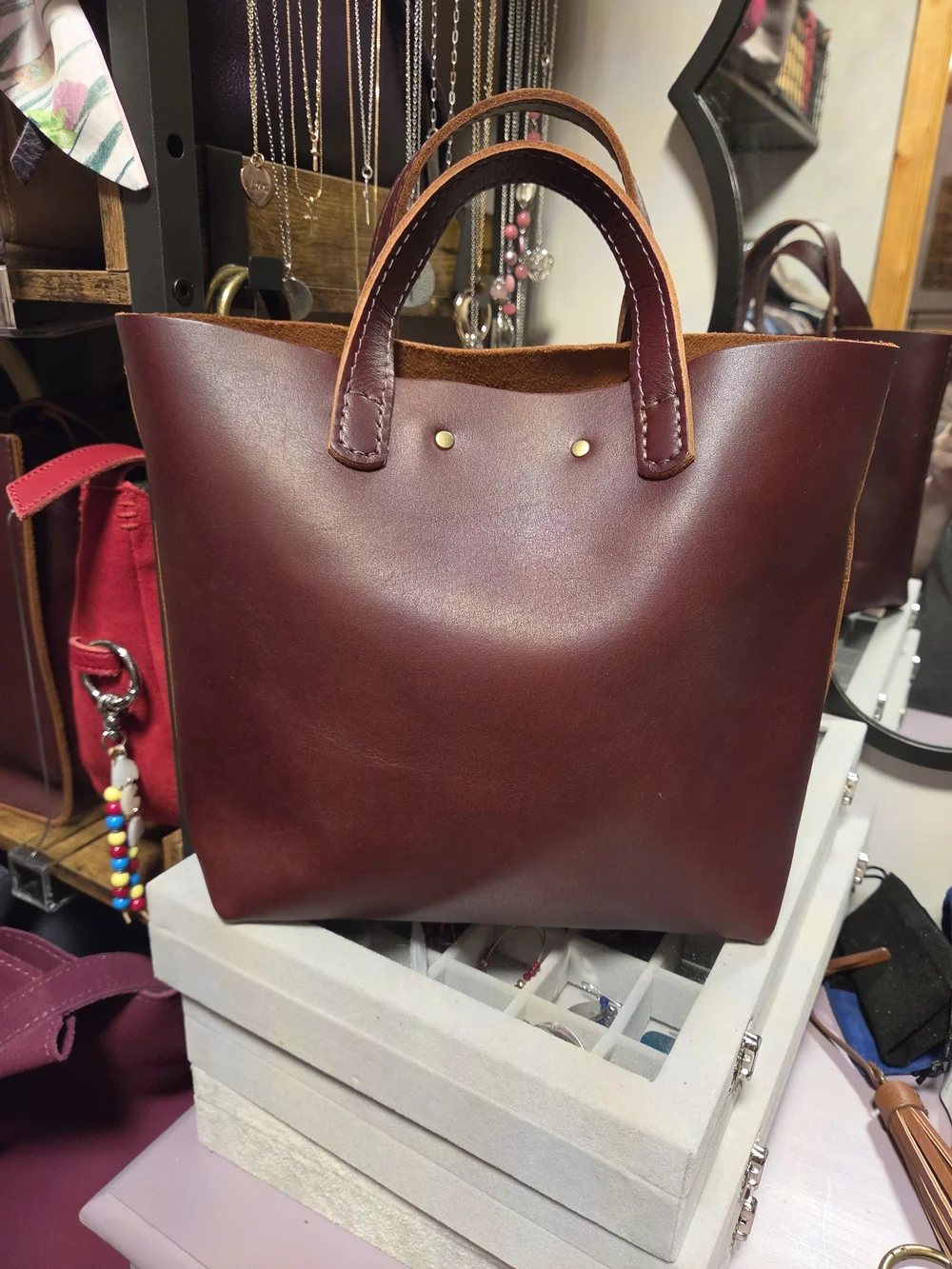 Portland Leather Mini Snap Crossbody Tote-Cognac